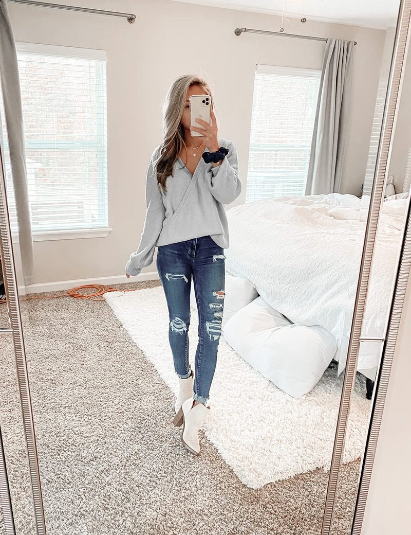 LookbookStore Sweater for Women 2026 Knit Long Sleeve Cute Sweaters Faux Wrap Surplice V Neck Sweater Top Trendy Fall Tops Light Grey Size Large Size 12 14 - Image 5